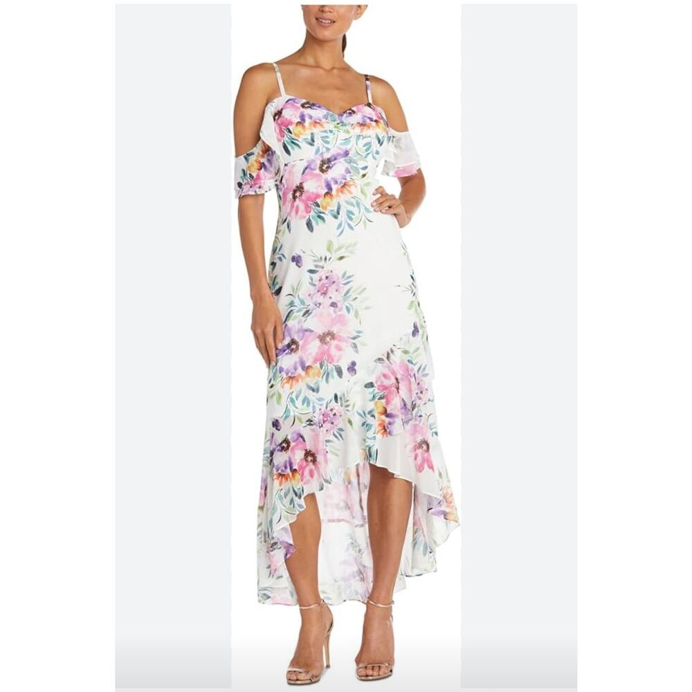 Night Way Collections Floral Asymmetrical Midi Dress - White and Pink